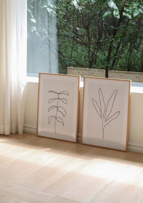 Conjunto com 2 Quadros Decorativos - Minimal Leaf 01 + Minimal Leaf 02