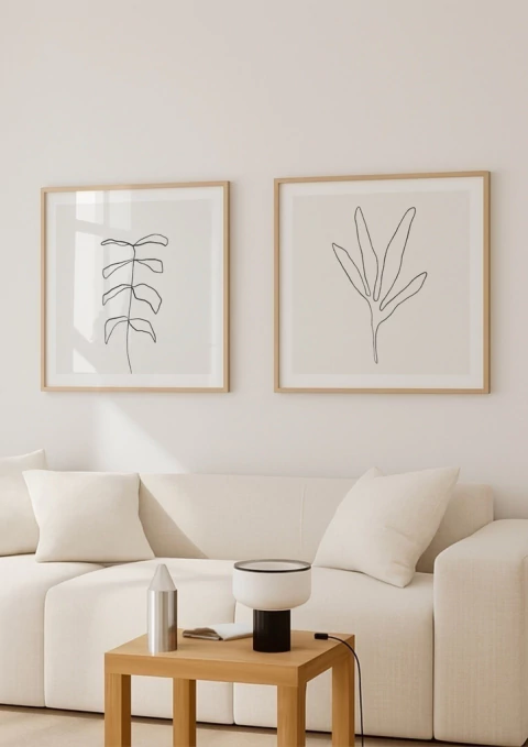 Conjunto com 2 Quadros Decorativos - Minimal Leaf 01 Quadrado + Minimal Leaf 02 Quadrado