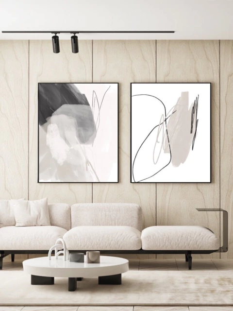 Conjunto com 2 Quadros Decorativos - Rock Stones Minimal 01 + Neutral Lines and Strokes