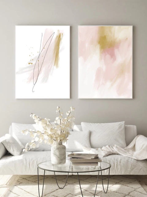 Conjunto com 2 Quadros Decorativos - Soft Minimal Rose Strokes 01 + Rose Feelings