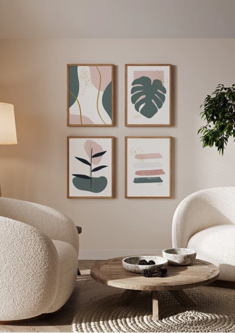 Conjunto com 4 Quadros Decorativos - Nuances Spring 02 + Monstera Spring + Modern Flower Spring + Pinceladas Spring