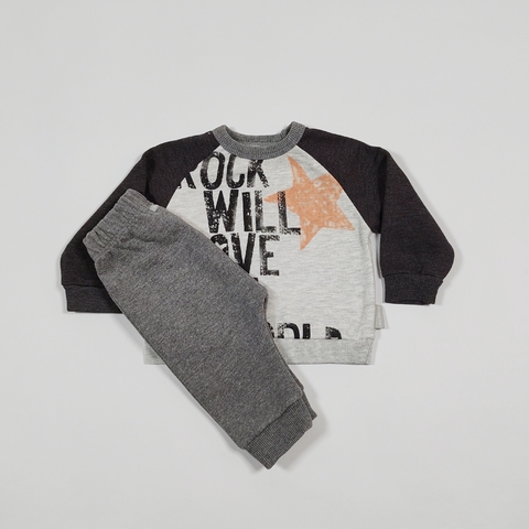 TALLE M ( 3/6 MESES ) - CONJUNTO ALGODÓN C/FRISA PANTALON Y BUZO GRIS ROCK ESTRELLA - MIMO