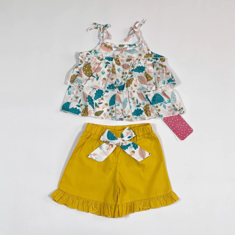 TALLE 6/12 MESES - CONJUNTO SHORT MOSTAZA BLUSA S/MANGA BLANCA HOJAS VERDEC/ETIQUETA - PATPAT