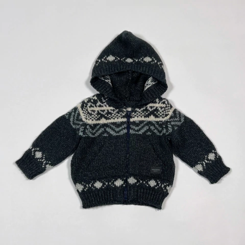 TALLE S ( 0/3 MESES ) - CAMPERA LANA GRIS OSCURO C/CAPUCHA GUARDAS BLANCAS - MINIMIMO