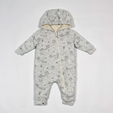 TALLE 3 MESES - ENTERITO LARGO ALGODON GRIS MELANGE FLORES FORRADO EN CORDERITO - BABY COTTONS