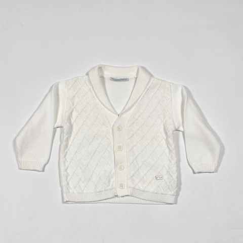 TALLE 12 MESES - CARDIGAN TEJIDO HILO BLANCO ROMBOS - MAGDALENA ESPOSITO