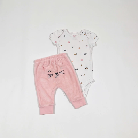 TALLE 3 MESES - CONJUNTO BODY M/CORTA BLANCO DIBUJITOS PANTALON TOWEL ROSA - CARTERS