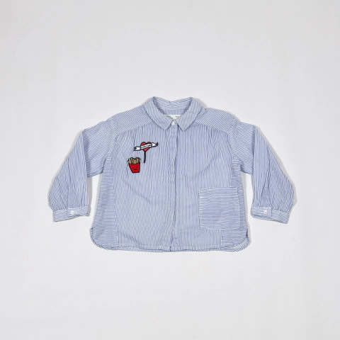 TALLE 9/12 MESES - CAMISA M/LARGA BLANCA RAYAS CELESTE APLIQUES - ZARA