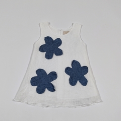 TALLE 1 AÑO- VESTIDO S/MANGA BLANCO APLIQUE FLOR 100% LINO - CAPRI