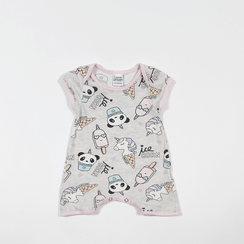 TALLE 0/1 MES - ENTERITO CORTO ALGODÓN GRIS HELADOS ANIMALITOS RIBETE ROSA - GRISINO -