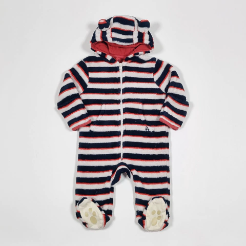 TALLE 9 MESES - ENTERITO LARGO PELITO BLANCO RAYAS AZUL ROJA - AKIABARA