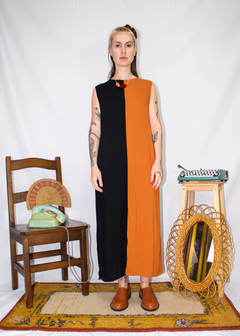 Vestido regatão mid em viscolinho bicolor