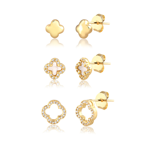Trio de Brincos Trevos Banhado a Ouro 18K