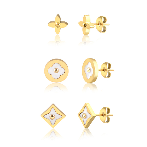 Trio de Brincos Madrepérola Banhado a Ouro 18K