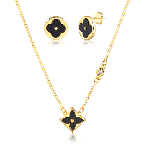Conjunto LV Preto Banhado a Ouro 18K