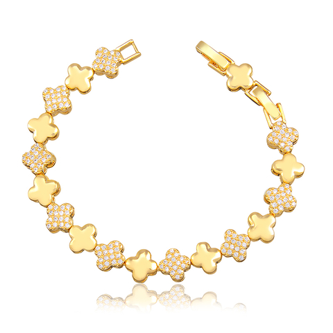 Pulseira Trevos Lisos e Cravejados Banhada a Ouro 18K