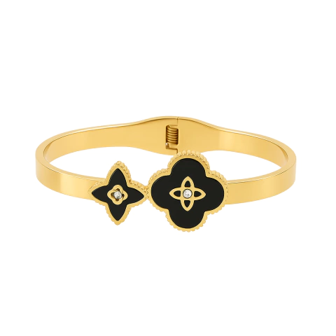 Bracelete Maxi Trevos Preto Banhado a Ouro 18K - comprar online