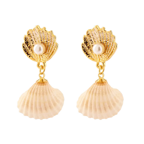 Brinco Conchas Com Pérola Banhado a Ouro 18K