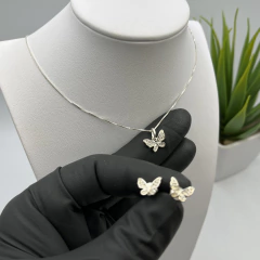conjunto especial borboleta cravejada (par de brincos + veneziana c/ pingente) | PRATA 925