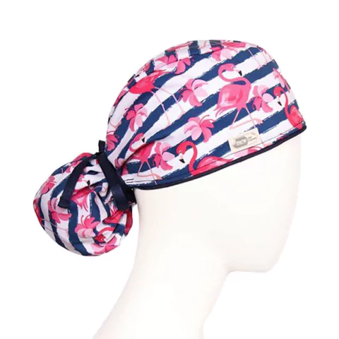 Gorro Quirúrgico Antifluido Flamingos Rayas Azules