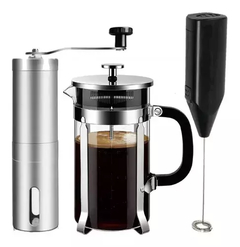 Molinillo Grano Café + Jarra Cafetera Embolo 600ml + Batidor