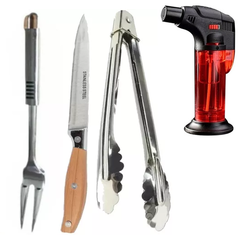 Set De Asado Cuchillo Acero + Tenedor + Pinza + Soplete