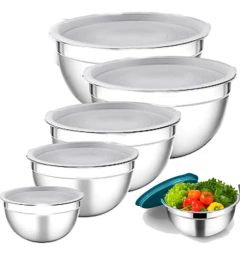 Set X5 Contenedor Bowls Batidor Acero + Tapa Hermetica Silicona