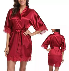 Bata Seda Lencería Pijama Sexy Encaje Kimono Manga Cinturon - comprar online