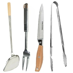 Set De Asador Acero Cuchillo + Tenedor + Pinza + Pala Brasas - comprar online