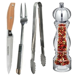 Set De Asado Cuchillo Acero + Tenedor + Pinza + Pimentero
