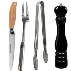 Set De Asado Cuchillo Acero + Tenedor + Pinza + Pimentero