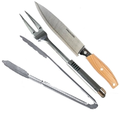 Set De Asado Cuchillo 33 Cm Acero Mango Madera Tenedor Y Pinza