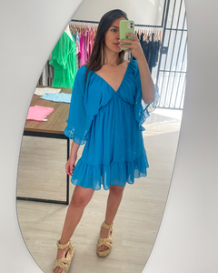 Vestido curto curto  decote em V na frente e  costas mangas soltinhas