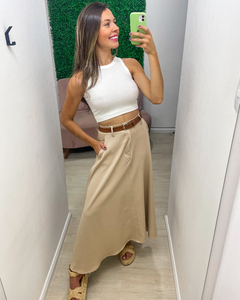 Saia feminina longuete em alfaiataria com cinto