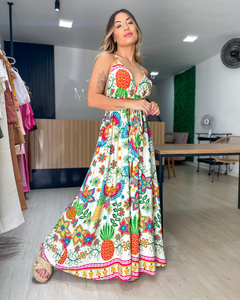 vestido feminino estampado decote v de alcinhas e fenda