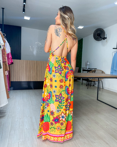vestido feminino estampado decote v de alcinhas e fenda