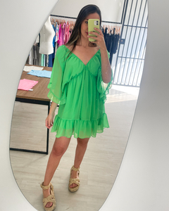 Vestido curto curto  decote em V na frente e  costas mangas soltinhas