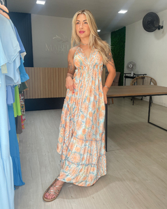 VESTIDO MAYA - AZUL E LARANJA - Mabela Store - Roupas Femininas 