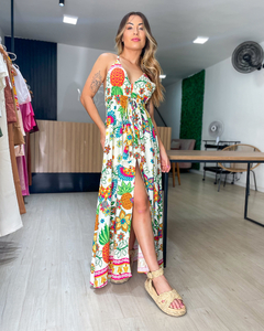 vestido feminino estampado decote v de alcinhas e fenda