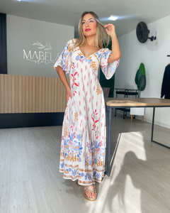Vestido feminino estampado decote em v longuete