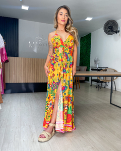 vestido feminino estampado decote v de alcinhas e fenda