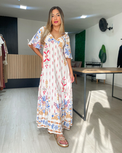 Vestido feminino estampado decote em v longuete