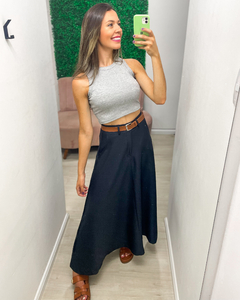 Saia feminina longuete em alfaiataria com cinto