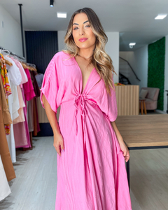 vestido feminino longo com mangas e decote V