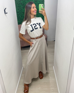 Saia feminina longuete em alfaiataria com cinto