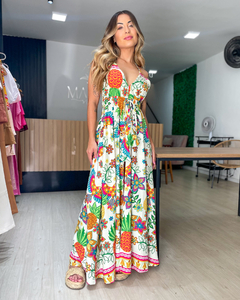 vestido feminino estampado decote v de alcinhas e fenda
