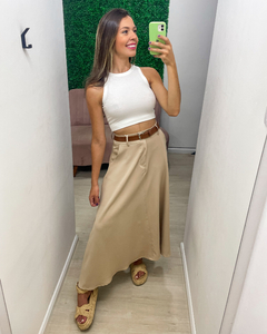Saia feminina longuete em alfaiataria com cinto
