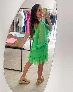 Vestido curto curto  decote em V na frente e  costas mangas soltinhas