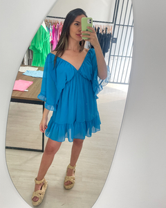 Vestido curto curto  decote em V na frente e  costas mangas soltinhas