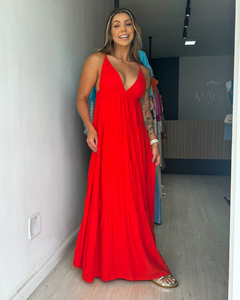 Vestido feminino longo de alcinhas decote em V laranja